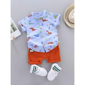 2pcs Baby Boys Dinosaur Print Button Short Sleeve Shirt Top & Elastic Waist Shorts Set Toddler Summer Clothes For Daily & Outdoor Wear