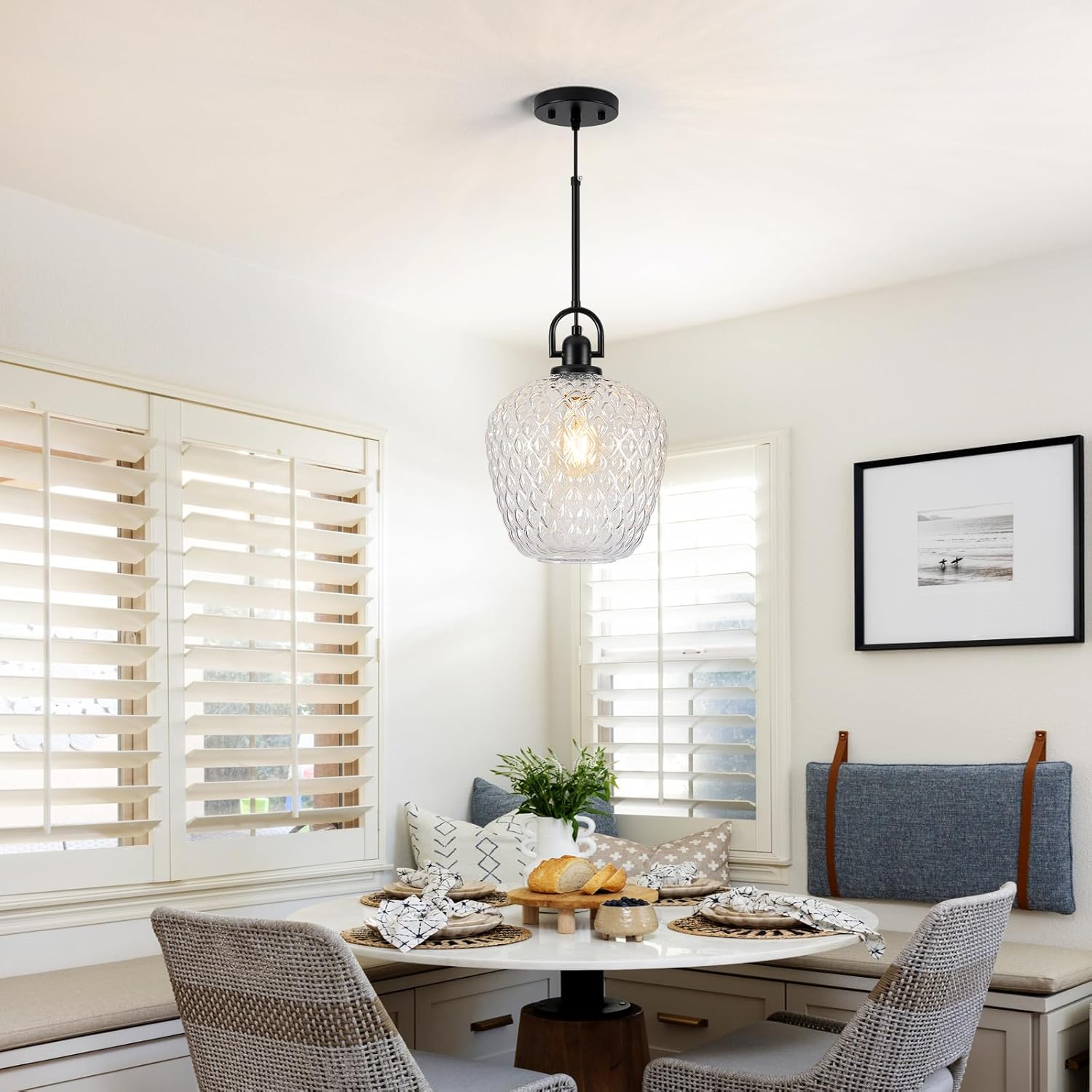 Large Glass Pendant Lights Kitchen Island, 10" 1-Light Black Fixtures with Hammered Glass Modern Hanging Light for Kitchen Island Dining Room Entryway Foyer