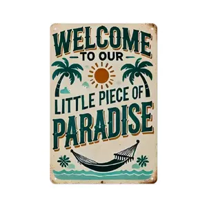 Welcome to Our Little Piece of Paradise Metal Sign, 8x12 Inch Vintage Tropical Beach Aluminum Tin Sign, Rustic Palm Tree Summer Welcome Wall Art Decor with Pre-drilled Holes for Beach House Pool Porch Patio Home Decor