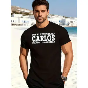 Men's Spanish Funny Text T-Shirt "Soy El Legendario Carlos" (I Am The Legendary Carlos) - Black with White Spanish Lettering, Casual Crew Neck Short Sleeve Shirt for Spanish Speakers, Summer Vacation & Casual Attire, Machine Washable