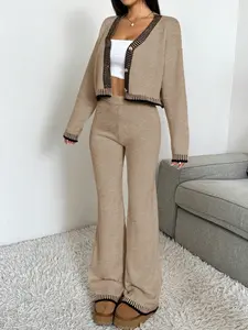 Women's 2 Piece Knit Lounge Set V-Neck Button Cardigan with Contrast Trim & Wide Leg Pants Soft Polyester Acrylic Nylon Blend Loungewear for Everyday Style - Outfit Matching Casual