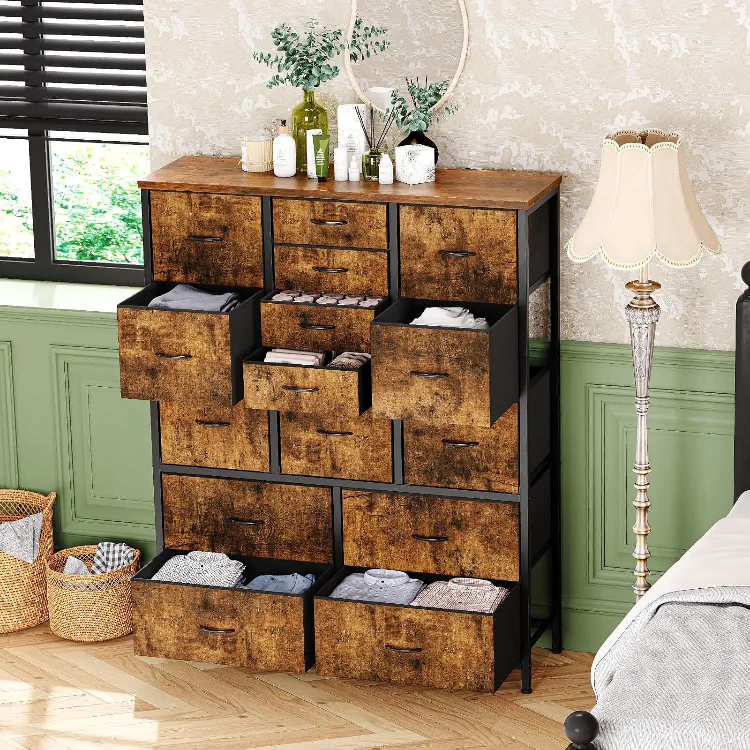 Rustic Brown Tall 15-Drawer Fabric Storage Dresser with Wood Top, Sturdy Metal Base, Multi-Size Fabric Bins, Durable Framework, Quick Assembly Required Indoor Furniture for Bedroom, Hallways Clothes & Accessories Organization, Sturdy Base, Quick Setup