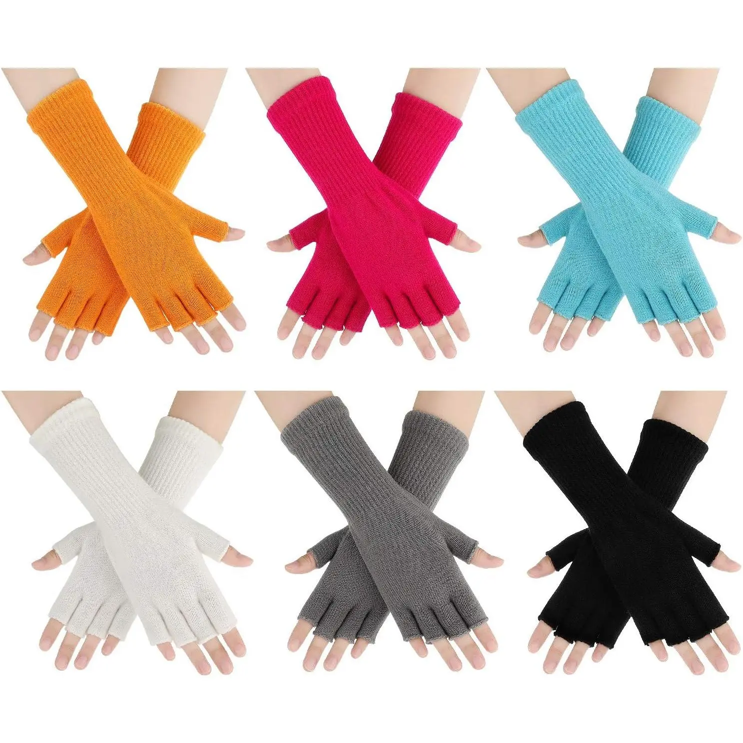 Unisex Acrylic Fingerless Gloves (6 Pairs) - 8.6" Length, Stretchy Wrist, Warm, Extendable Design, for Piano Playing, Typing, People Working With Mobile Phones, Black White Blue Orange Pink Grey, Fingerless Glove, Elastic Wrist Parts, Indoor/Outdoor