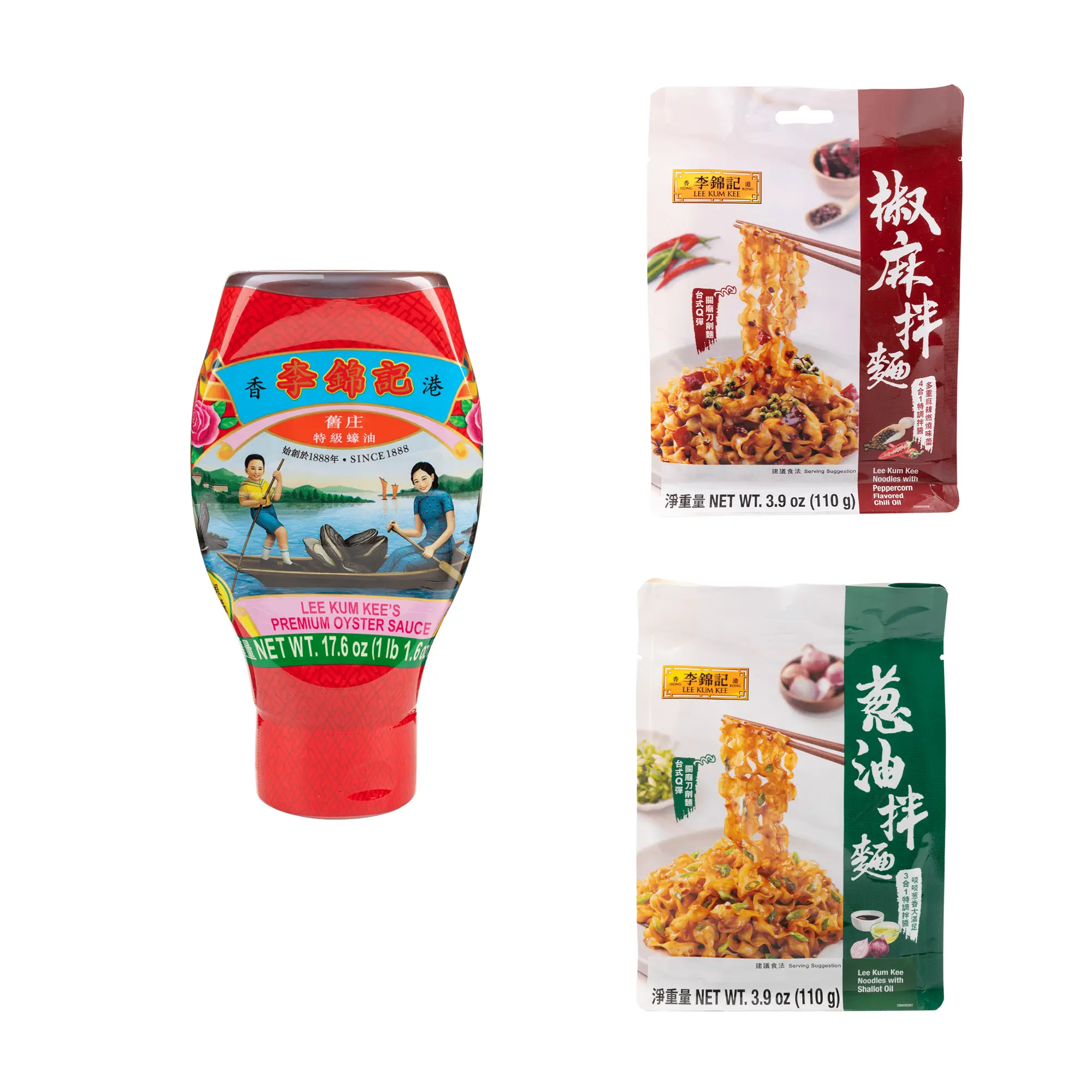 Lee Kum Kee Instant Noodles with Premium Oyster Sauce Squeeze Bottle, Sliced Noodles with Peppercorn Flavored Chili Oil & Noodles with Shallot Oil