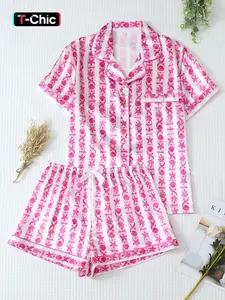 Women's 2-Piece Sleepwear Set, Striped Starfish Shell Print, Sweet Lapel Short Sleeve Top with Pocket, Bow Shorts, Casual Homeewear, Pajama Set