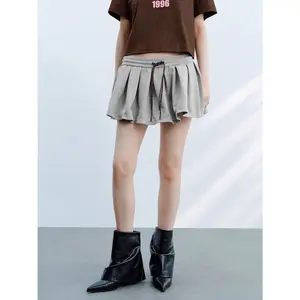 URBAN REVIVO 2026 Women's Cotton Mix Pleated A-Line Skirt with Built-in Shorts, Slight Stretch, Multi-Sizes Womenswear Bottoms Suitable for All Body Types