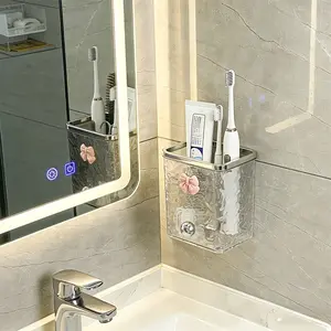 Bow Wall-Mounted Toothbrush Holder, No-Drill Bathroom Organizer, Ice Texture Design, Makeup Brush & Comb Storage, Home Decor