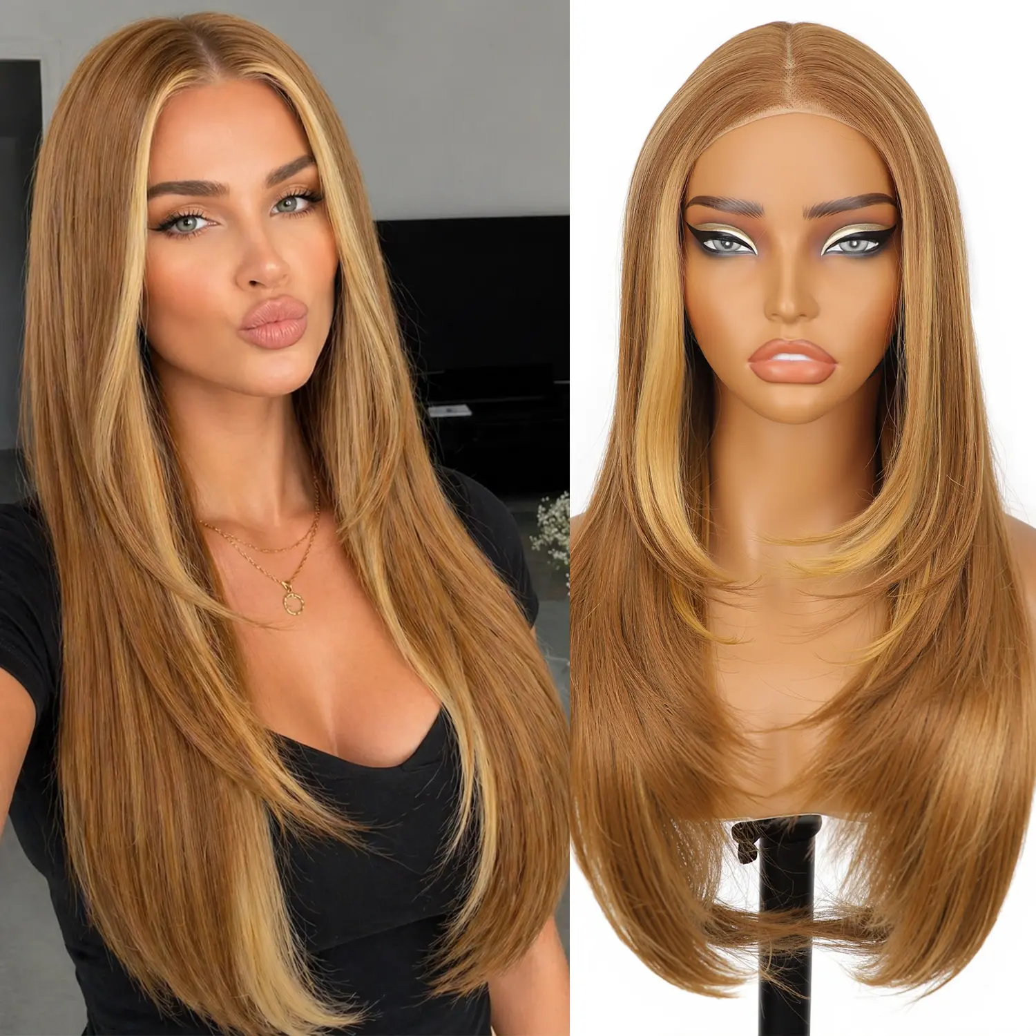 [AISI HAIR]24inch Wear  Wigs Pre Plucked Pre Cut for Beginners Honey Blonde with Chestunt brown Synthetic Lace Front Wigs For Woman Long layered straight Wigs with bangs  middle part wig 26 Inch