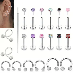 21Pcs Sexy Body Piercing Jewelry Set 304L Stainless Steel Shiny Ball Twisted Barbell Earrings Inlaid Cubic Zirconia Ear Studs, Nose Studs C-Shaped Drill Ball Sparkling Ear Bone, Navel Rings, Lip Rings Party, Proms, and Holiday Wear Accessories