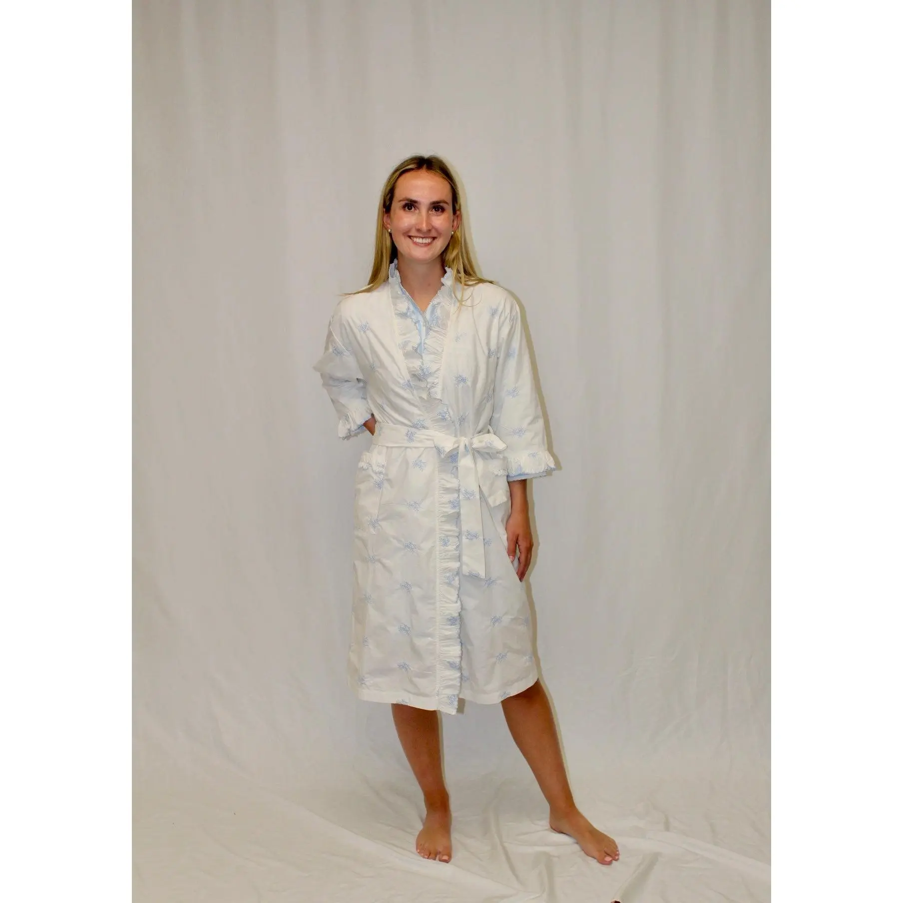 Nancy Cotton Ruffle Embroidered Robe - Blue