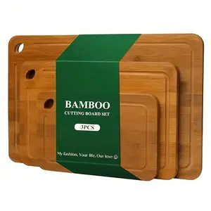 【Summervibes】3-Piece Set Bamboo Cutting Board for Kitchen - Crack-Resistant Wood Chopping Boards with Deep Juice Grooves, Pre-Oiled Butcher Block for Meat, Vegetables & Cheese, Carbonized,Eco-Friendly