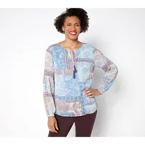 Belle Boho by Kim Gravel Patchwork Peasant Blouse with Tassels