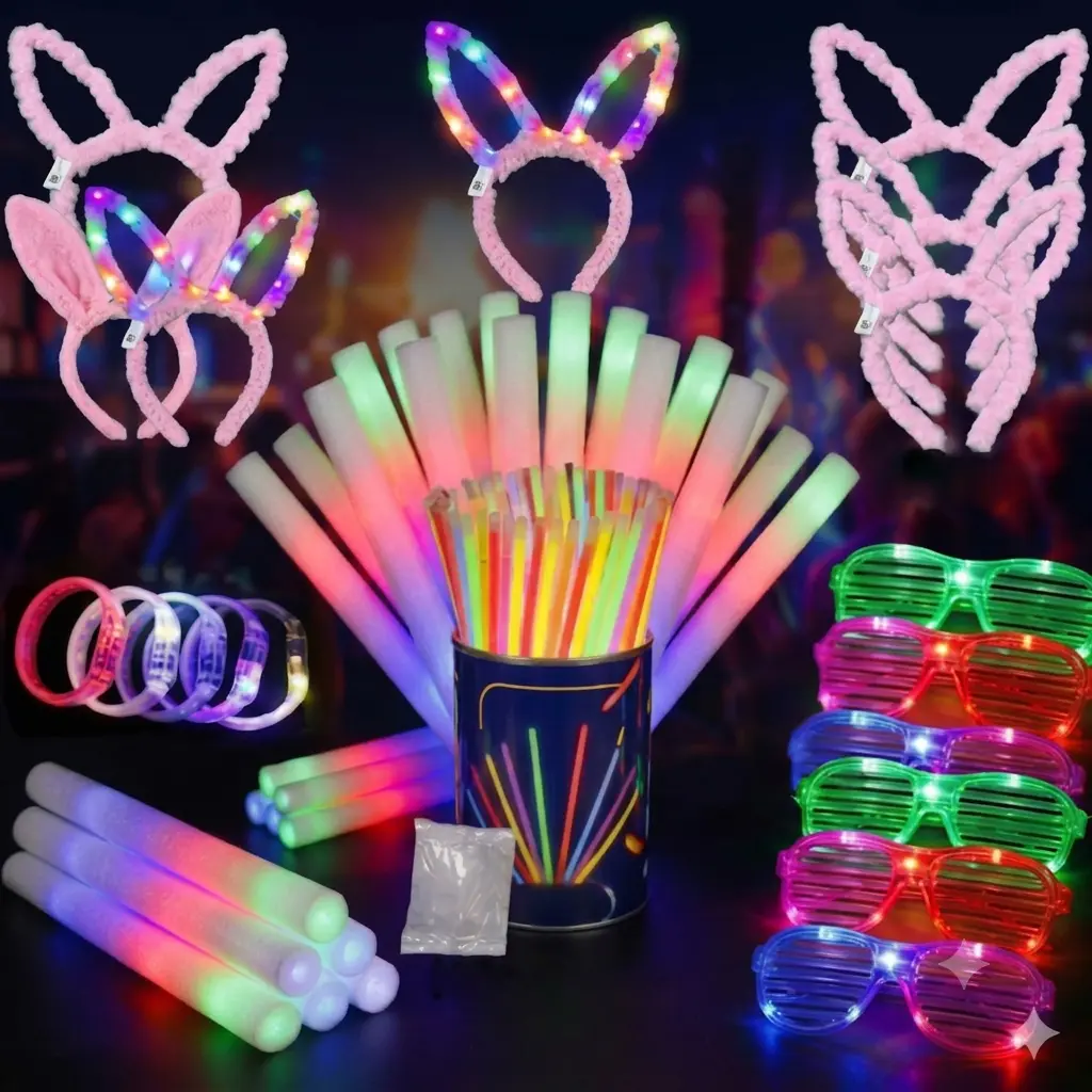 160 PCS Glow in the Dark Party Supplies, Neon Party Favors, 30 Foam Glow Sticks, 10 LED Glasses, 10 Bunny Ear Headband and 100 Glow Sticks for Glow Sticks Party Pack for Kids or Adults