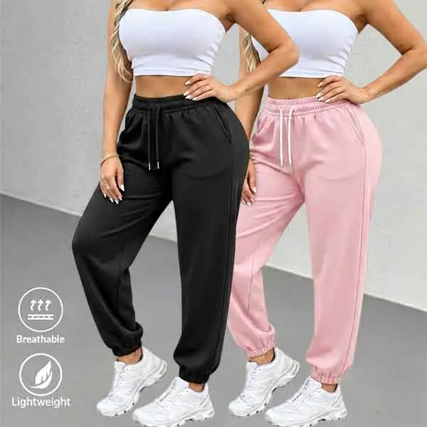 Women’s Clothing 2-Pack High-Waist Jogger Sweatpants – Breathable, Skin-Friendly Elastane Casual Sport Pants with Drawstring Cuffs