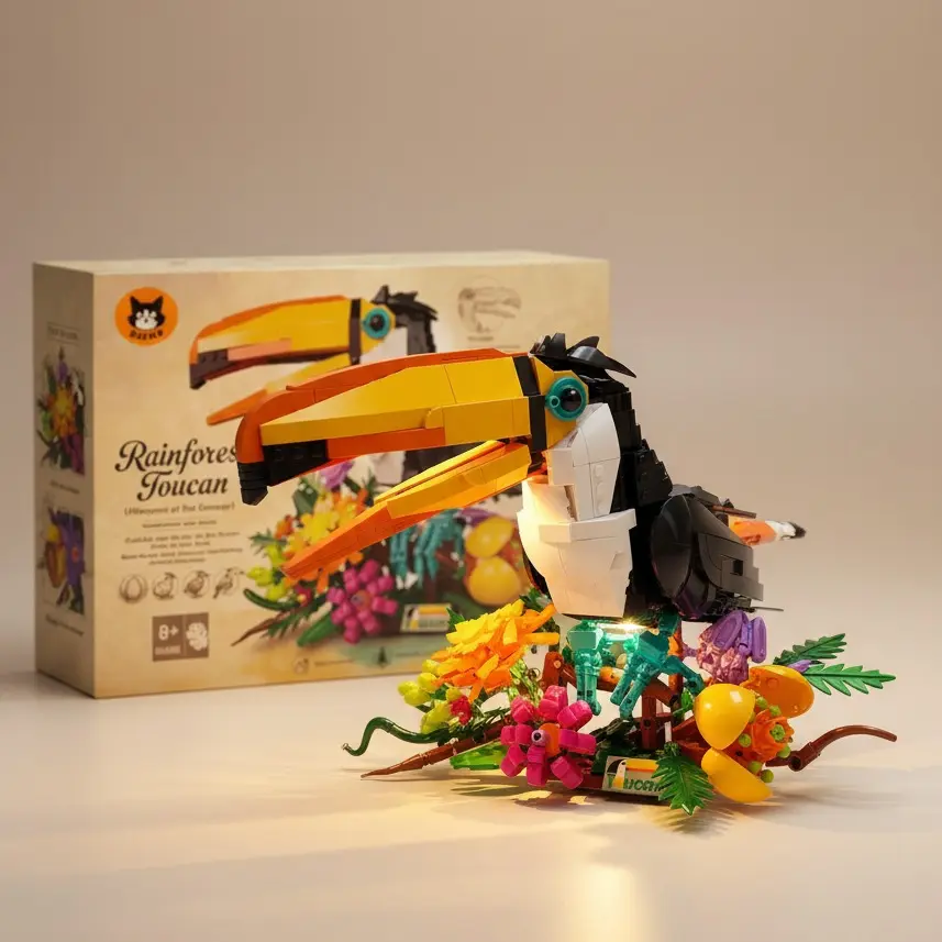 1068-Piece Rainforest Toucan ABS Buildable Block Set with DIY LED Strip, Built-in LED Beak Lighting Kit - Collectible Construction Toy for Adult Craft Lovers, Animals & Nature Themed Desktop Display with Buildable Block Plants & Trees # easy assembly soho