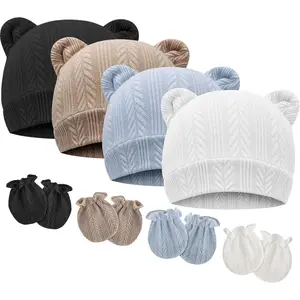 Newborn Baby Hat Bear Ear Gloves Set for 0-3 Months Infant Boy Girl Hospital Hat Soft Warm Baby Beanie Cap Mittens Gift Set