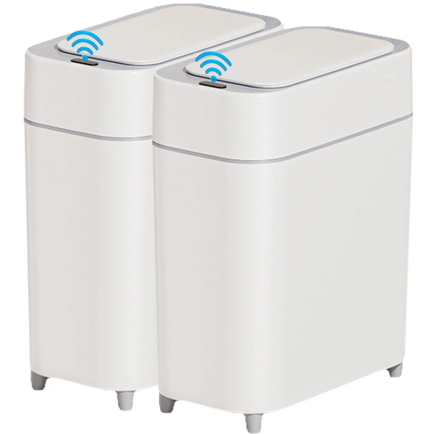 2-Pack - Touchless - 2 Gallon Slim Sensor Garbage Can - Waste Basket for Bedroom, Laundry room, Small - Trash Bin - White with Grey Edge