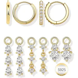 Anziw 10Pcs Women's Gold-Plated Huggie Hoop Earrings Set Pack, Hypoallergenic Dainty 5A CZ Dangle Charms, Stylish Everyday Long Dangling Jewelry for Daily Wear