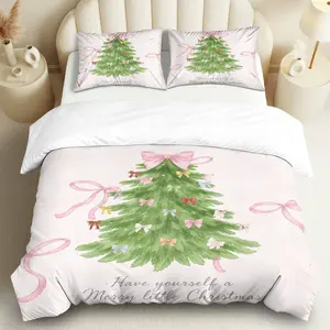 3PCS Duvet Cover Set, 1 Duvet+2 Pillowcases(Without filler), Christmas Tree Bow Ribbon Holiday theme, Christmas bedding set, Green Pink Festive Comfortable Suitable for decoration Bedroom Living Room Guest Room Hotel.