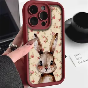 Retro Artistic Floral Rabbit Pattern TPU Case for iPhone 17 Pro Max 16 16e 15 14 Plus 13 12 Mini 11 Air X XS Straight Edge Drop-Resistant Rugged Durable Cover Shell Valentine's Day Gift 2D printing