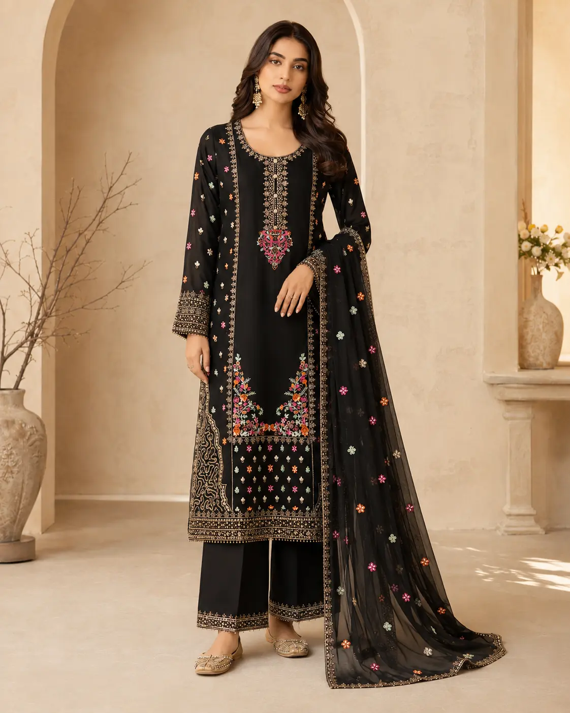 Midnight Garden Embroidered 3-Piece Sharara Set