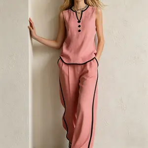 Sleeveless V-Neck Lounge Set for Women | Contrast Trim Wide Leg Pants Set | Lightweight Summer Co-ord | Versatile Travel Outfit | Ideal Mother's Day Present | Breathable Soft