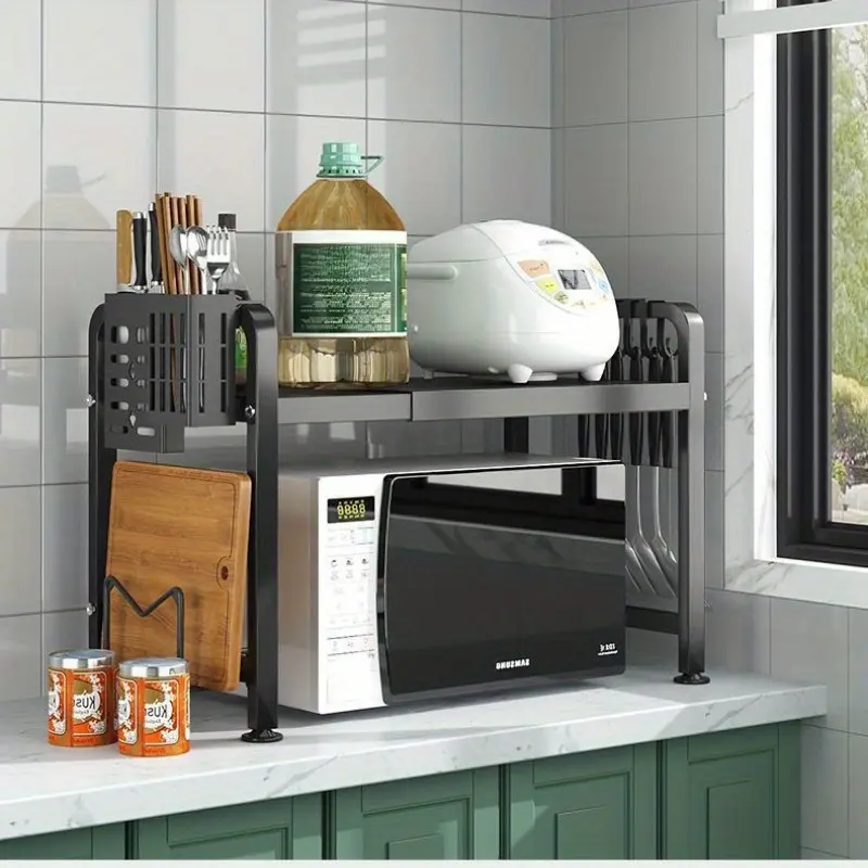 Kitchen storage rack, suitable for microwaves and ovens | Black metal countertop storage rack with open shelves, ideal for storing spices, tableware, cookware, and electrical appliances | Functional kitchen rack | Black metal frame