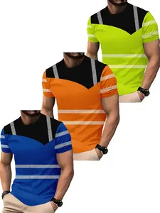 Men's 3-Pack Colorblock Striped Printed T-Shirts, Comfortable Breathable Casual Tops, Sporty Style, All over Print, Slim-Fitting