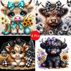 4pcs Highland Cow Diamond Painting Kit, Adult Art Craft Set, Frameless DIY 5D Diamond Art, Full Drill Round Diamonds Home Decor