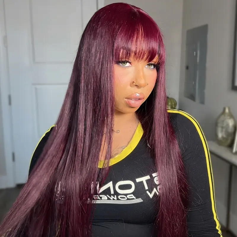 SPOU 13x4 Straight Cut 100% Human Hair Glueless Wig with Bangs - Easy Install, Natural Scalp, Burgundy 99j, Scalp-Friendly for Beginners, Glueless Bangs