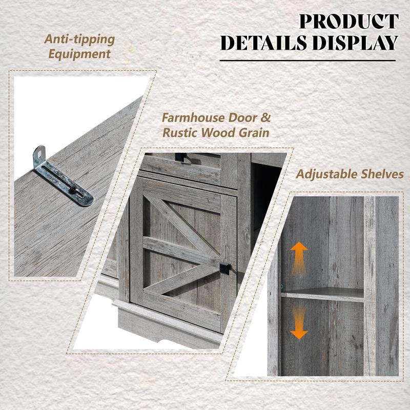 【Ships in 2 Boxes】AMERLIFE Farmhouse 98" Wall Unit TV Stand with Storage Cabinets for TVs up to 78", Large Entertainment Center with Bookshelves & Power Outlets, Wine Display Cabinet with Barn Door, Living Room