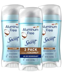 Secret Aluminum Free Deodorant for Women, 48hr Odor Protection, Naturally Derived Ingredients, Free of Parabens Dyes Talc & Baking Soda, PH Balanced, Dry Solid, Coconut Scent, 2.4 oz (Pack Of 3)