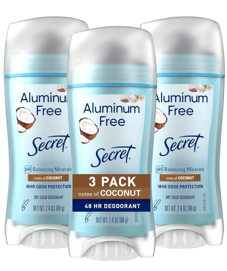 Secret Aluminum Free Deodorant for Women, 48hr Odor Protection, Naturally Derived Ingredients, Free of Parabens Dyes Talc & Baking Soda, PH Balanced, Dry Solid, Coconut Scent, 2.4 oz (Pack Of 3)