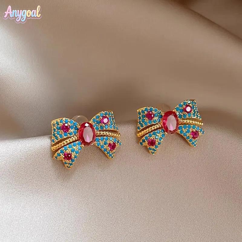 Anygoal Vintage Minimalist Bow Stud Earrings for Women,Gold Tone with Blue Pink Rhinestone Inlay, Hypoallergenic Dainty Ear Jewelry, Lightweight Elegant All-Match Accessories for Daily Wear,Birthday,Holiday Gifting  Perfect Gift for Girlfriend summervibes