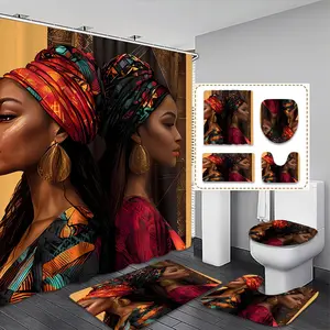 Creative African Cultural Women Portrait Bathroom Decor Set, Bathroom Supplies, Includes Shower Curtain, Mat, Toilet Seat Cover, 12 Hooks, Waterproof, Christmas Gift