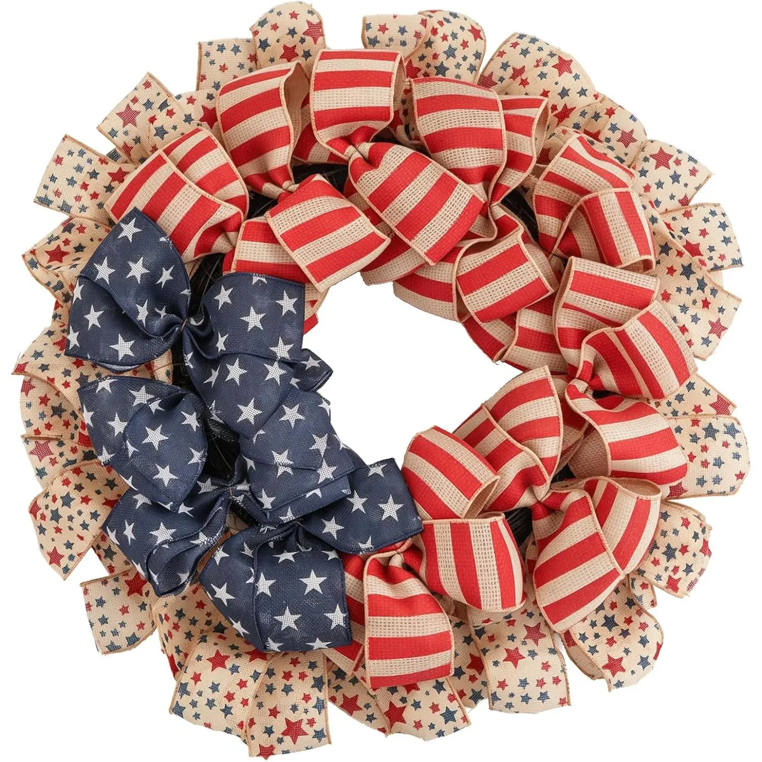 Patriotic Wreath for Front Door, 24 inch 4th of July Decorations Burlap Foldable Wreath for 250th Anniversary American Independence Day Memorial Day Decor