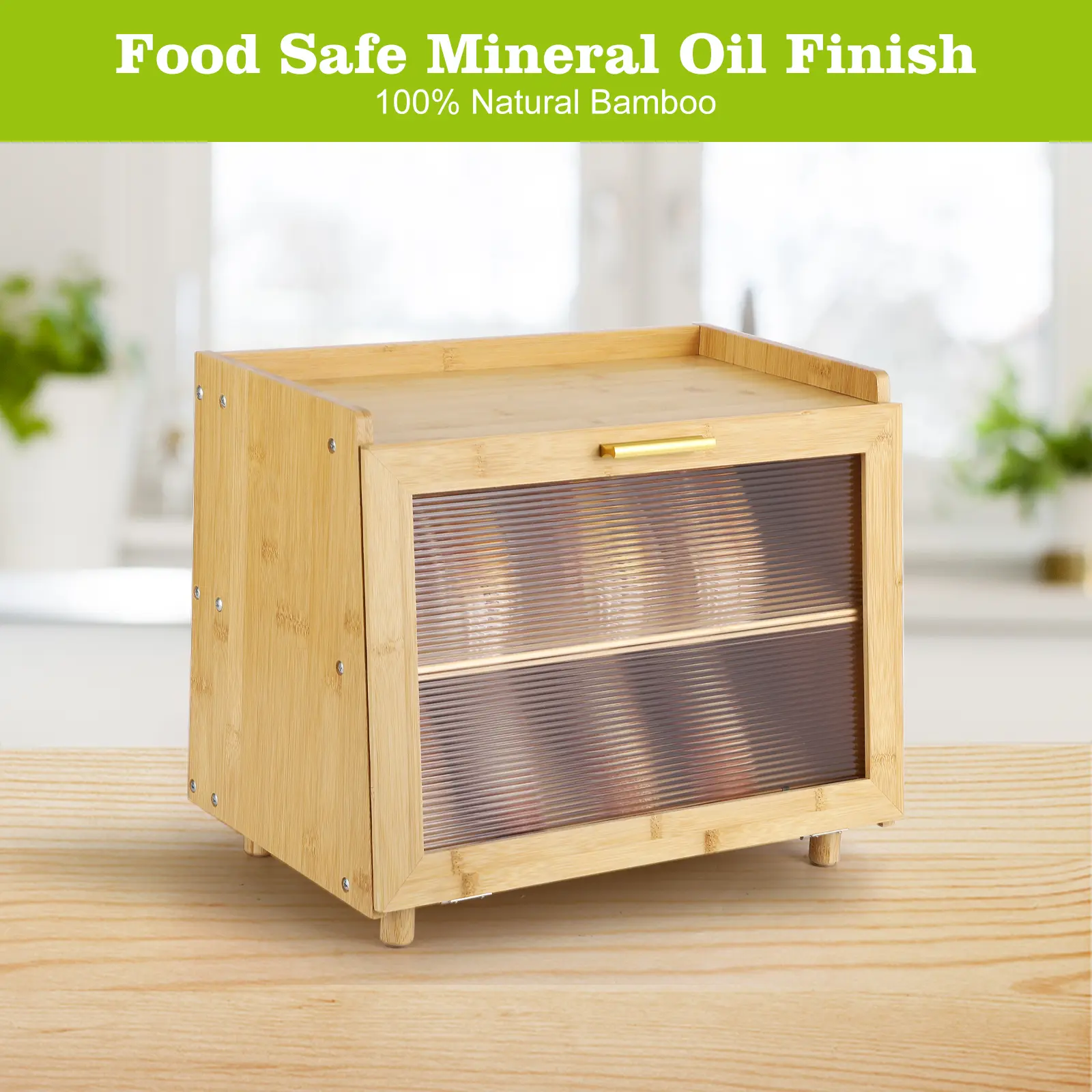 Large-Cap Black Rustic Bamboo Food Storage Container - Sturdy Double-Layer, Airtight Seal Lid with Window, Metal Accents, Waterproof Farmhouse Look Kitchen Countertop Organizer for Bread, Utensils, Fresh Preservation