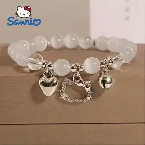 Kitty Cat Bracelet with Heart Pendant Elastic Beads, Cute Cartoon Design, Perfect for Daily Wear, Holiday Gifts, Casual Accessories