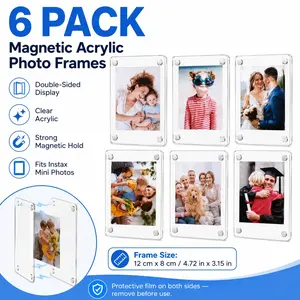 6 Pack Magnetic Acrylic Photo Frames, Clear Double Sided Refrigerator Magnet Picture Frames for Fujifilm Instax Mini Polaroid Photos, Strong Magnetic Small Card Display Holder with Cleaning Cloth for Fridge Locker Desk Home Office Decor Gifts