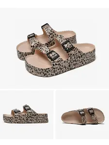 Summer Retro Leopard Print Thick Sole Sandals for Women, Adjustable Straps Height Boost Soft Anti-Slip, Casual Fashion Slippers