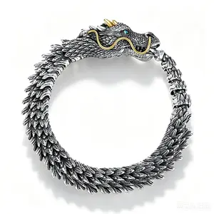 Men's Dragon Scale Bracelet, Gothic Viking Keel Link Chain, Vintage Silver Tone Punk Rock Biker Wristband, Mythological Dragon Head Ouroboros Bangle Jewelry Gift