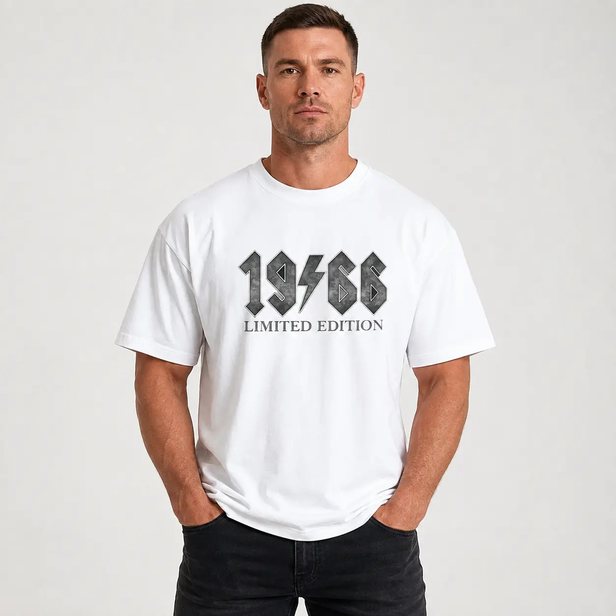 Men's 1966 Limited Edition Graphic T-Shirt, White Short Sleeve Crew Neck Tee, Distressed Number and Lightning Bolt Print, Retro Vintage-Inspired Streetwear Top, Casual Statement Gift for Men