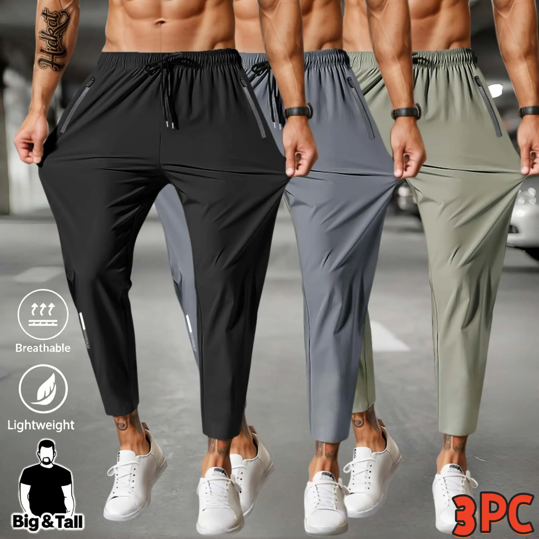 Big & Tall Plus Size Men’s Lightweight Quick Dry Ankle Jogger Pants, Stretch Breathable Athletic Track Pants, Elastic Drawstring Waist Zipper Pocket Casual Workout Travel Cropped Trousers for Running Gym Daily Summer Wear