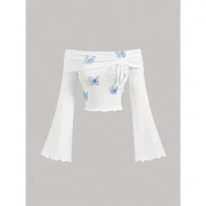 1pc Women'S White Off-Shoulder Flare Sleeve T-Shirt with Blue Butterfly Embellishments, Cute Ruffle Trim, Polyester Knit Fabric, Regular Length, All-Season Fashion Top Collar Spandex Womenswear Blouse Vibe Casual Elegant Classy Casual Chic Minimalist