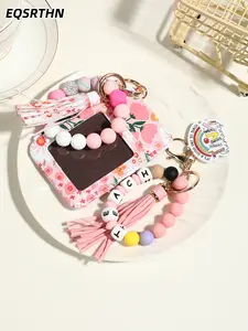 2PCS Teacher Keychain Wristlet Set Bead Lanyard with ID Badge Holder and Leather Tassel Engraved Teach Letter Beads Personalized Teacher Gifts for Back to School Teacher Week