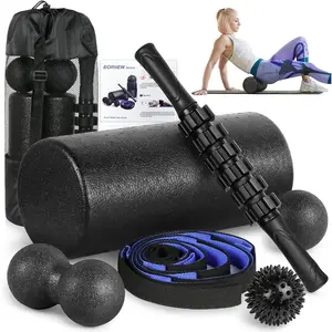 Foam Roller Set - High Density Back Roller, Muscle Roller Stick, 2 Foot Fasciitis Ball, Stretching Strap, Massager Ball for Whole Body Physical Therapy & Exercise, Yoga, Back Pain, Leg, Deep Tissue