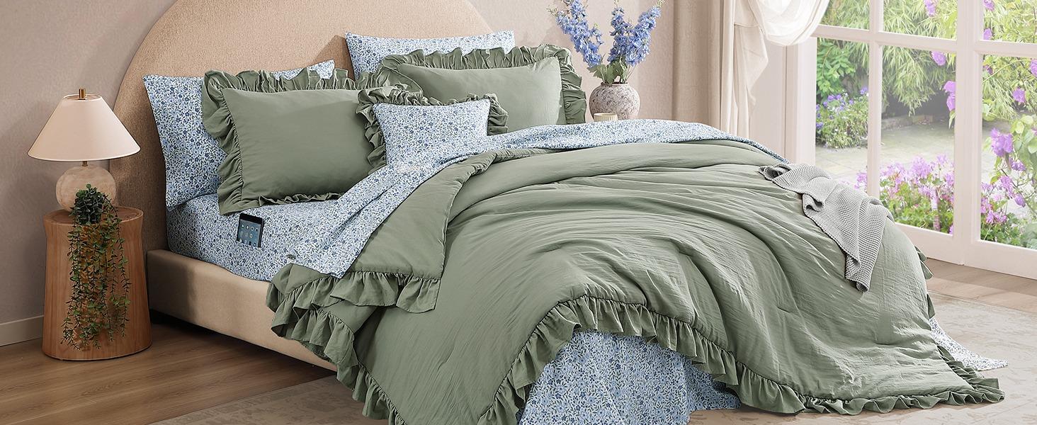 7-Pieces microfiber Comforter Set, Modern Farmhouse Coastal Style Bedding, 1 Singale-Stitch Comforter, 2 Pillowcases, 2 Shams, 1 Flat & 1 Fitted Sheet