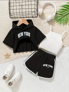 Toddler Girls 3-Piece "NEW YORK" Outfit, Cropped Hoodie Cami Top & Shorts Set, Black and White Summer Streetwear