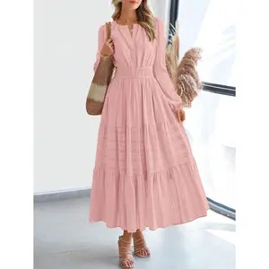 Women’s Pink Maxi Dress with Notched Neckline, Long Sleeves, High Waist, Tiered Fluffy A-Line Boho Style — Perfect for Wedding Guests, Beach Holidays, and Vacations — Fabric
