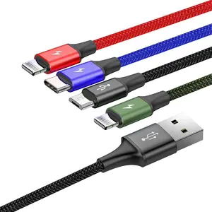 4 IN 1 Fast Charging Cable 4ft Nylon Braided Multifunctional PD Charging USB Cable Adapter with Lightning/Type C/Micro USB Ports for iPhone iPod Samsung LG Phone Tablet and More